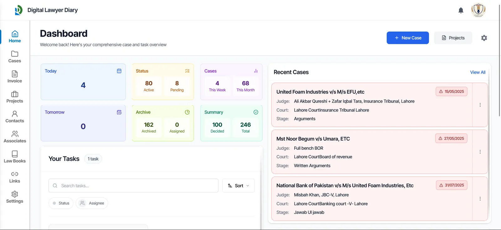 Digital Lawyer Diary dashboard with today's and tomorrow's hearings and recent cases