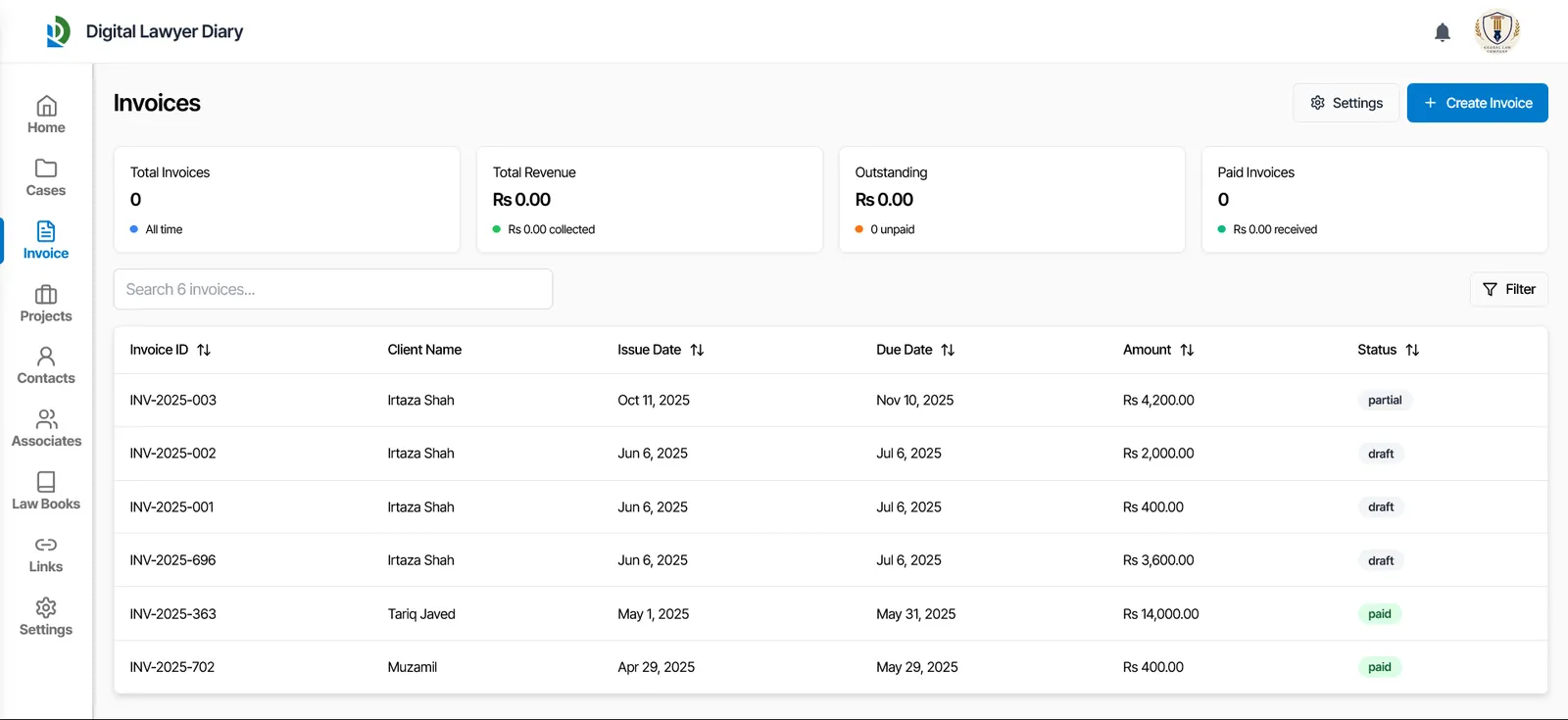 Invoice screen in Digital Lawyer Diary showing line items, tax and payments