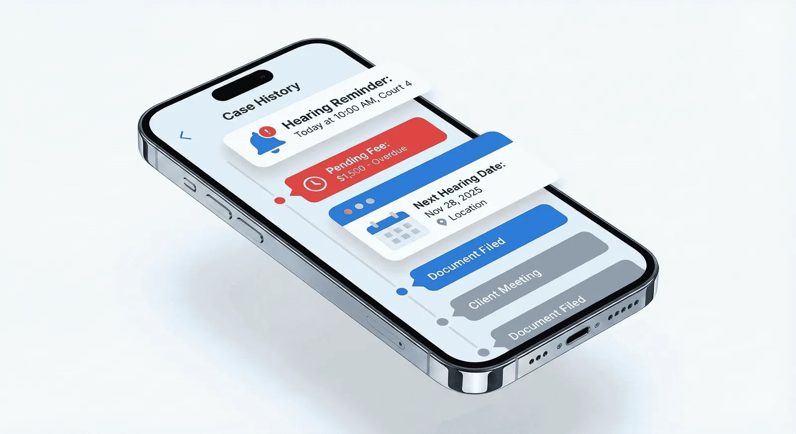 Digital Lawyer Diary app interface showing case history and notifications