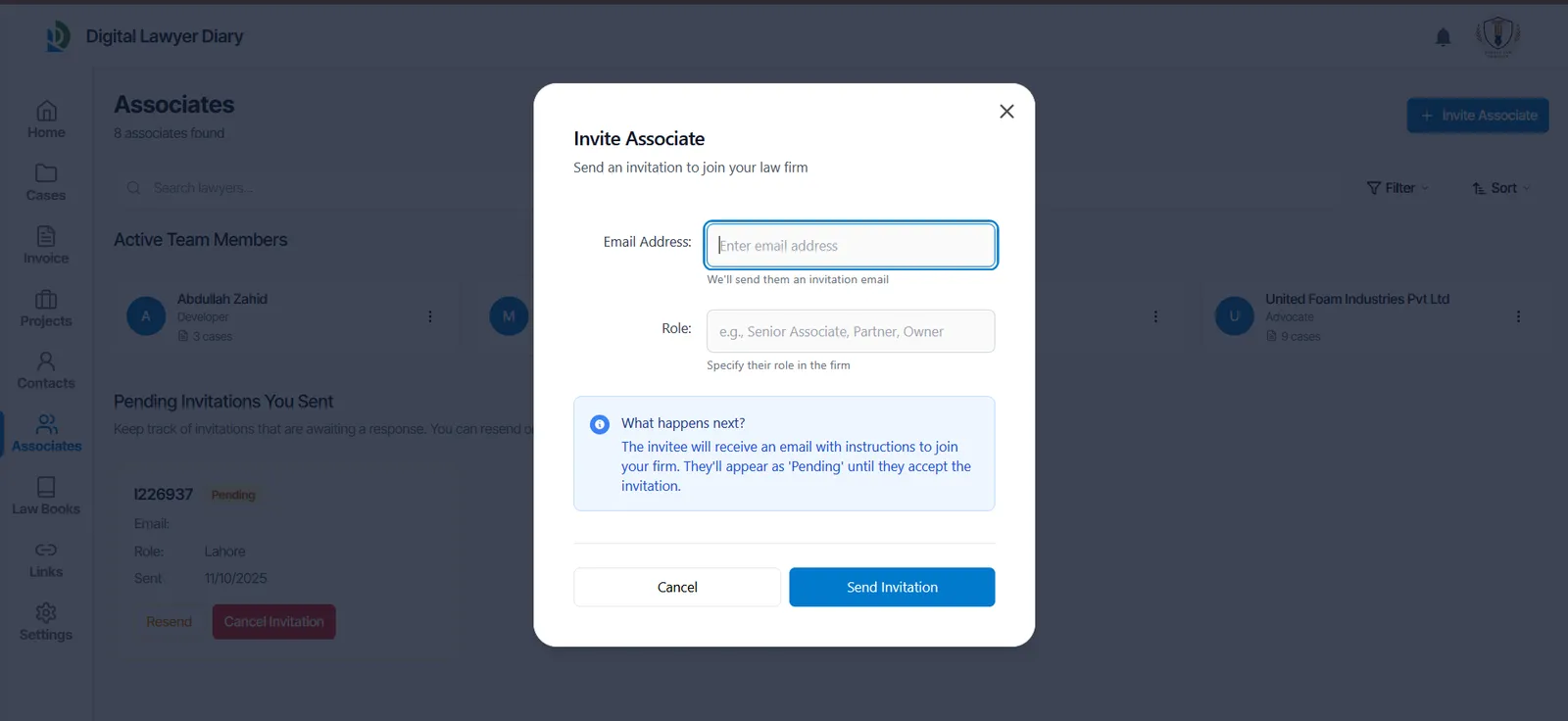 Invite Associate window on desktop