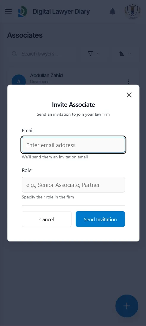 Invite Associate window on mobile