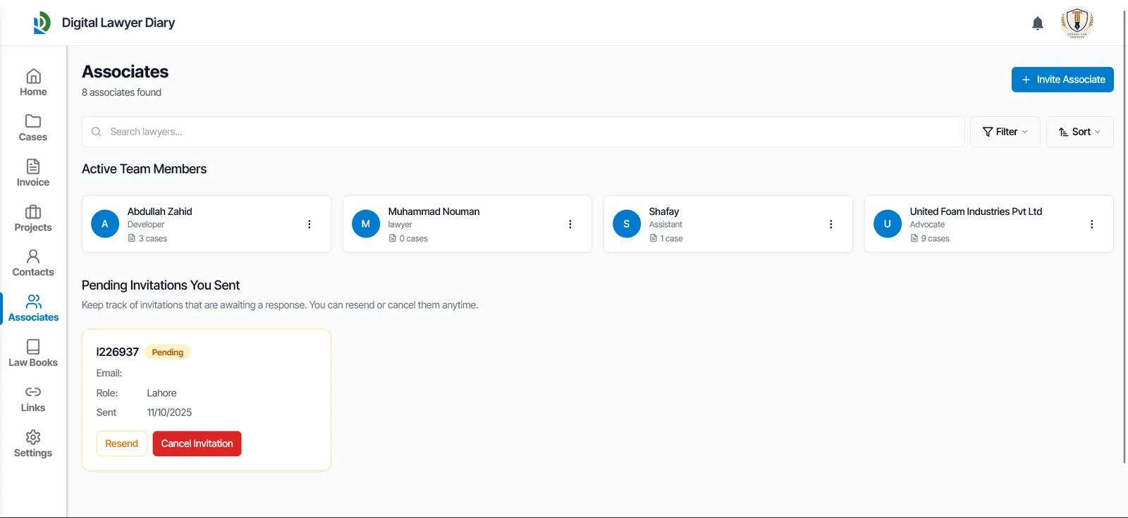 Pending invitations list on desktop