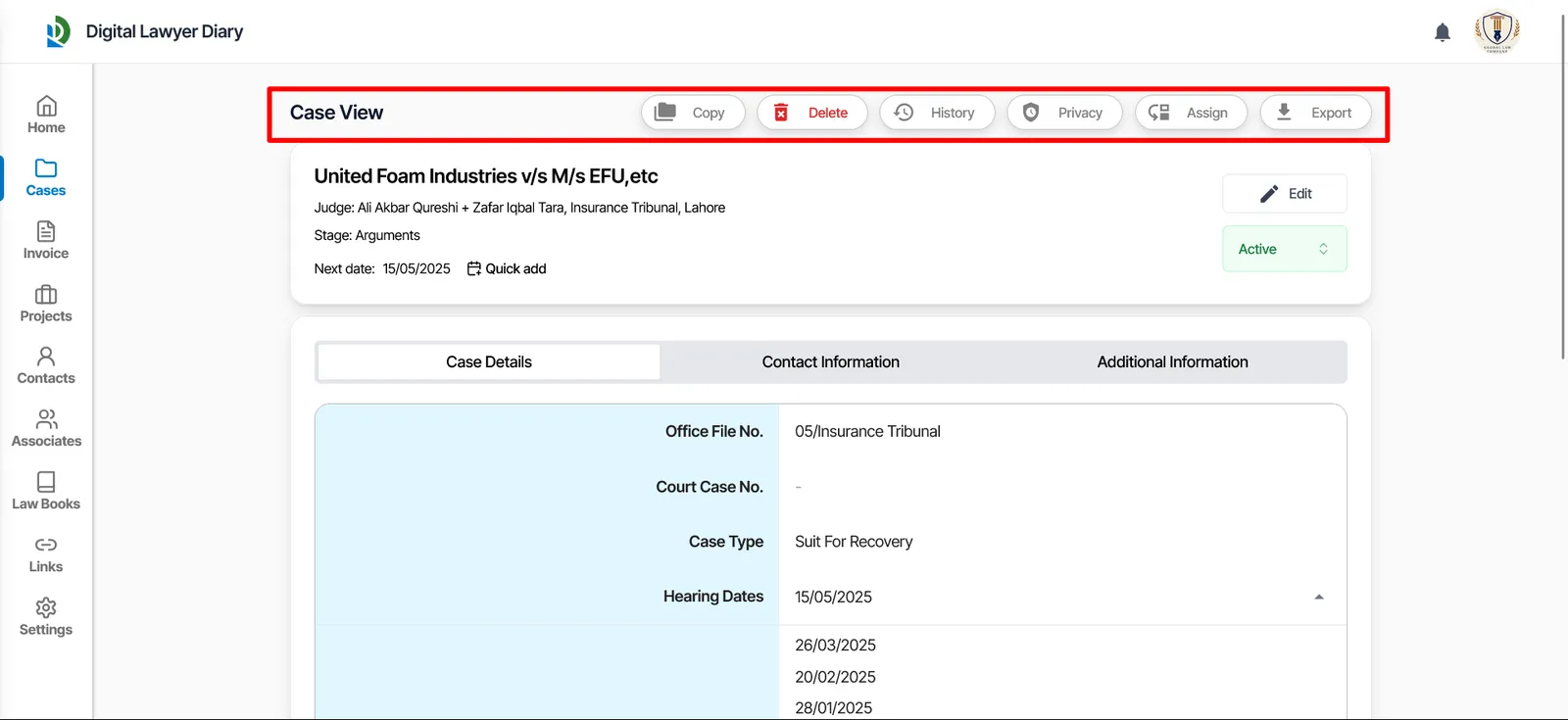 Case actions menu on desktop