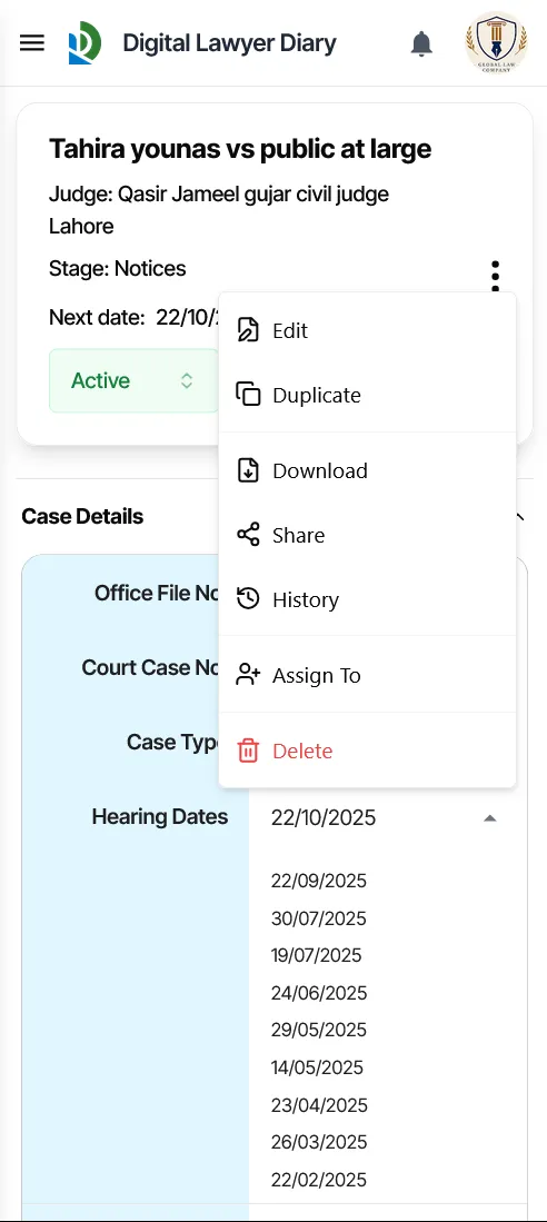 Case actions menu on mobile