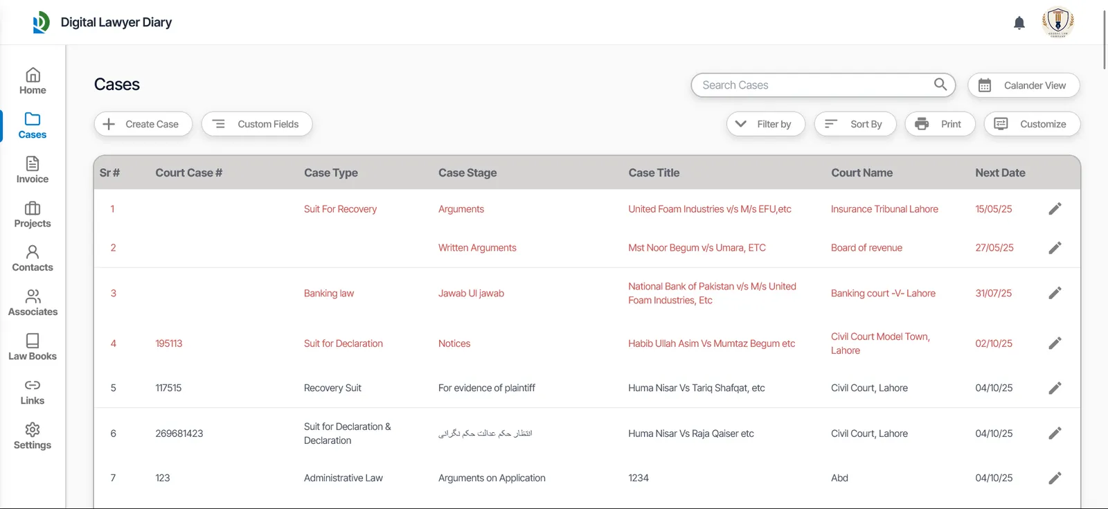 Cases list on desktop with filters and print options