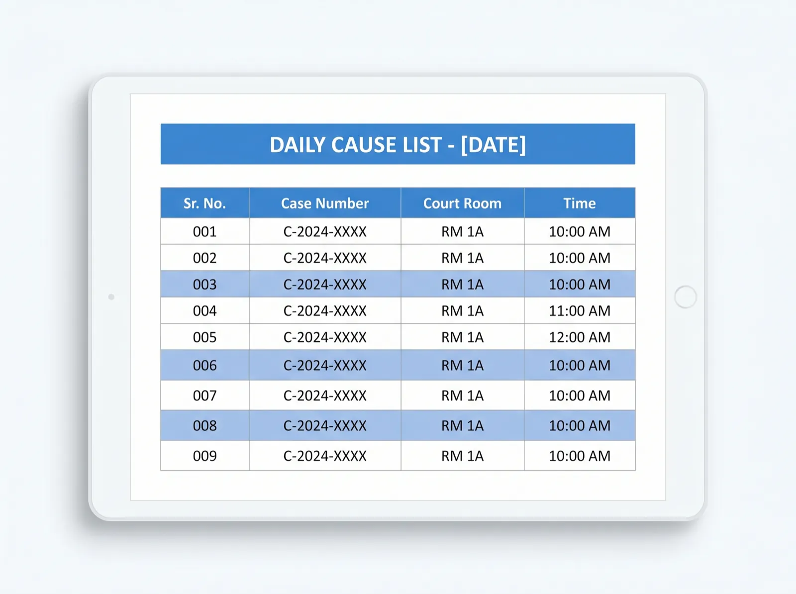 Example of a daily cause list showing case numbers and court rooms.
