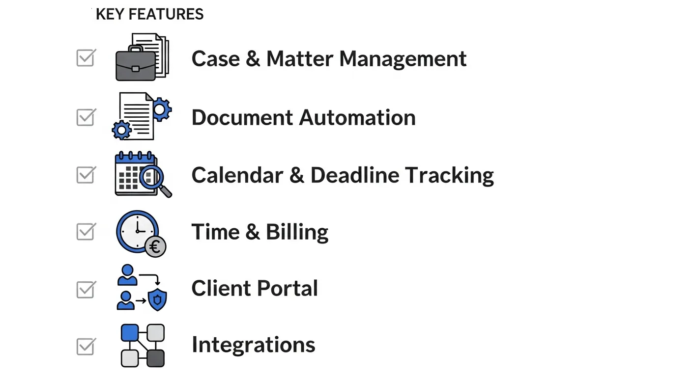Checklist graphic highlighting must-have law office case management software features such as automation, billing, calendars, portals, and integrations