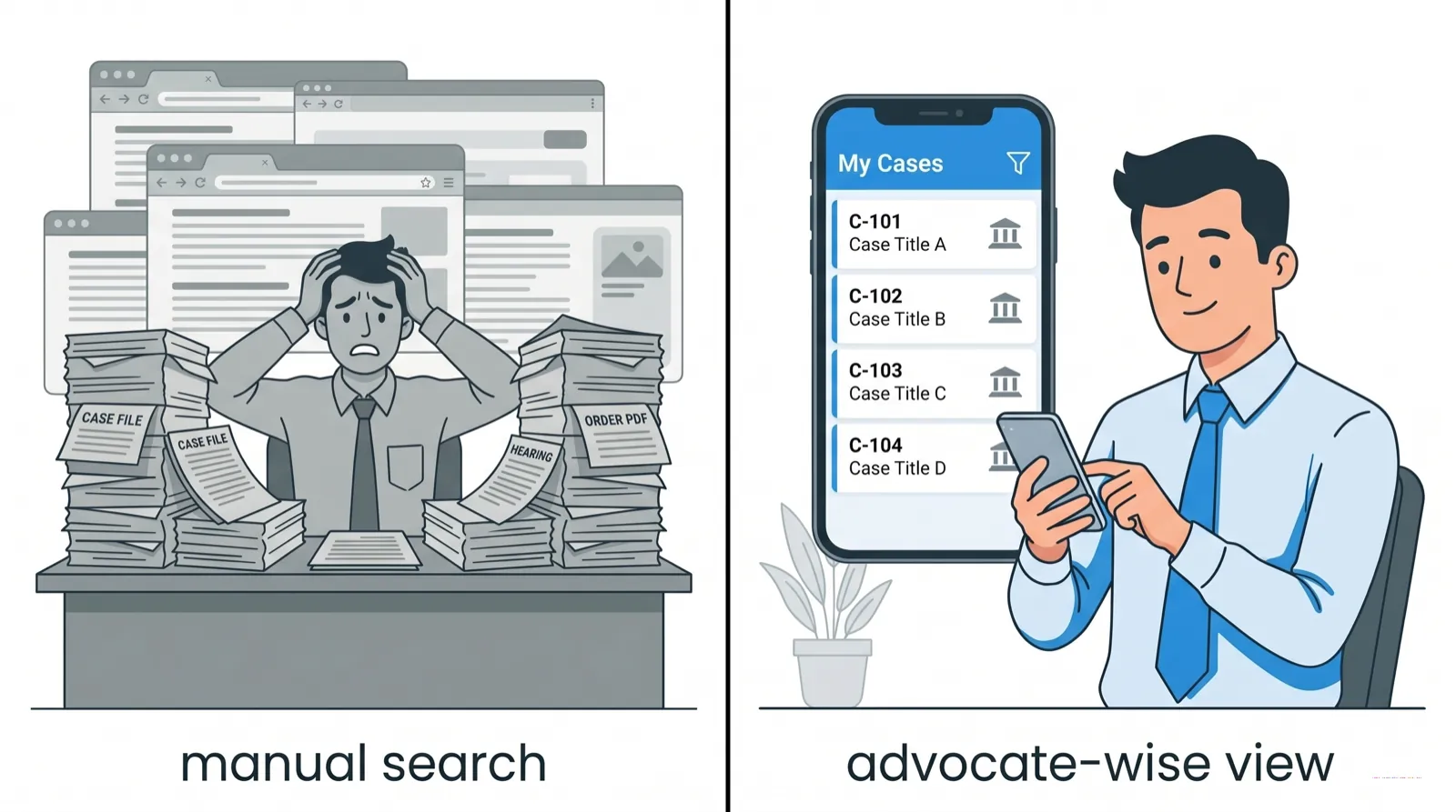 Manual cause list search compared with advocate wise cause list filtering.