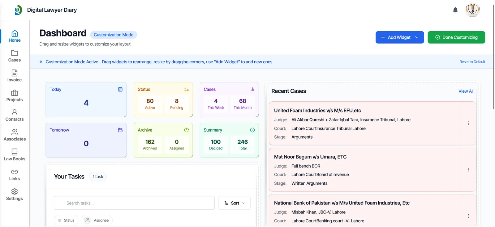 Dashboard customization mode on desktop showing draggable grid
