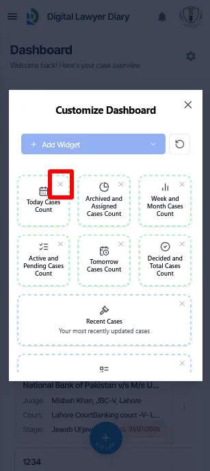 Mobile dashboard indicating customization mode is active