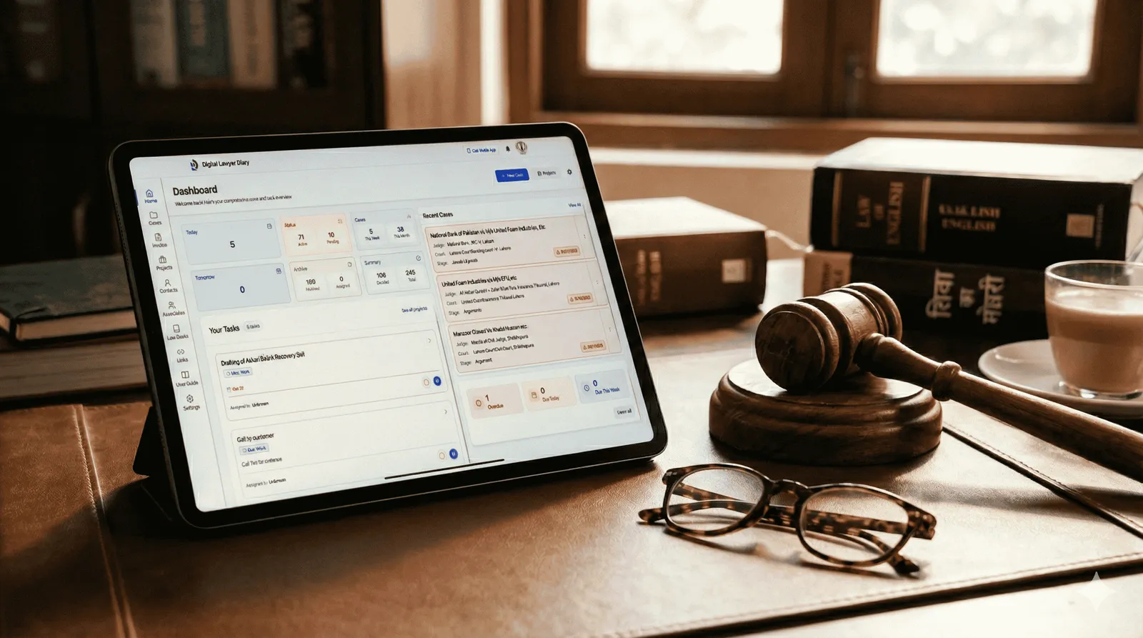 Advocate's desk with a digital case diary open on a tablet