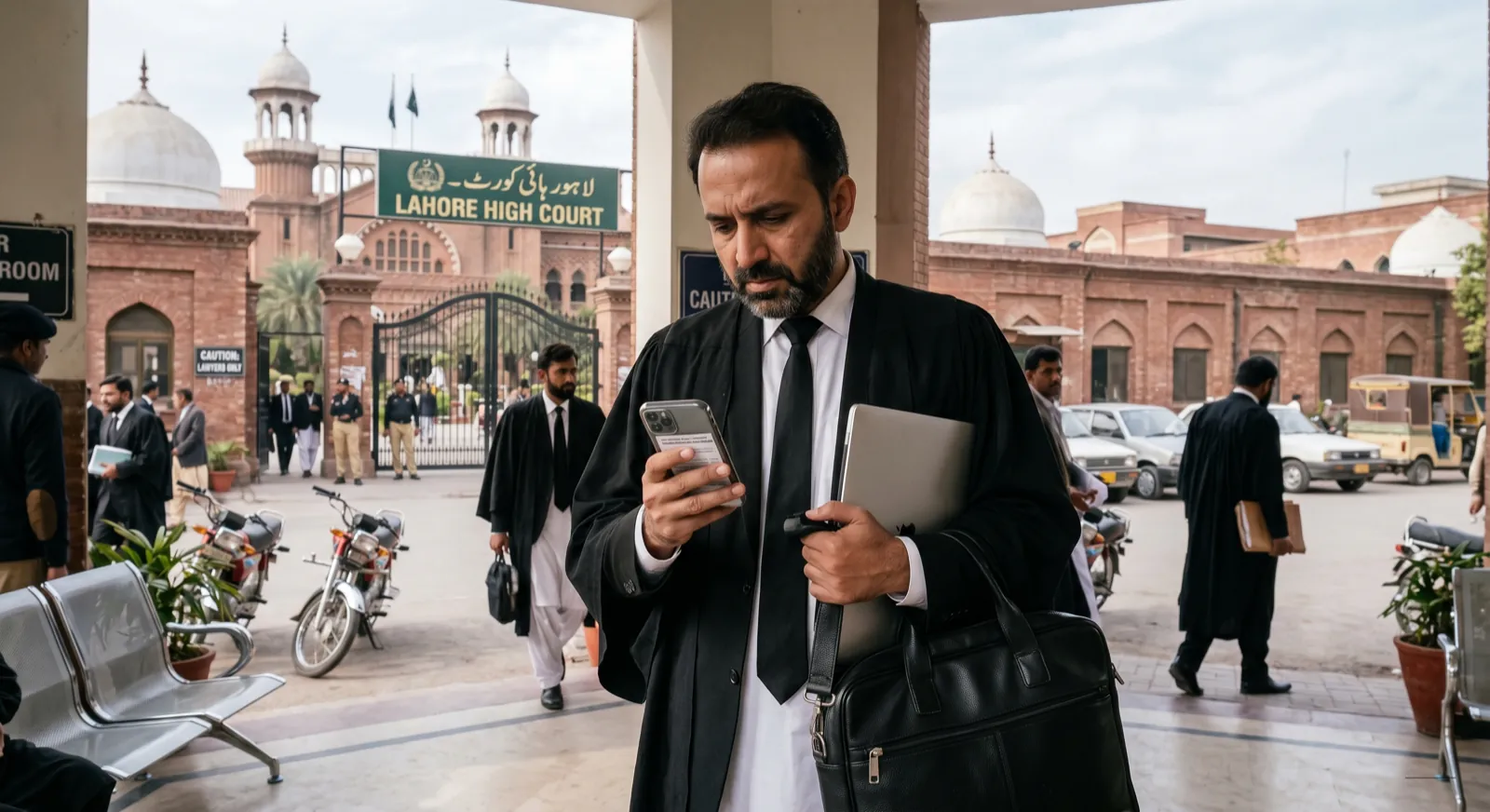 Advocate checking the daily cause list online on a phone in Pakistan.