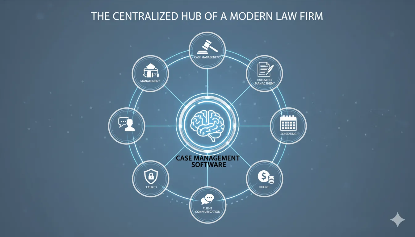 Infographic of case management software connecting calendars, billing and security