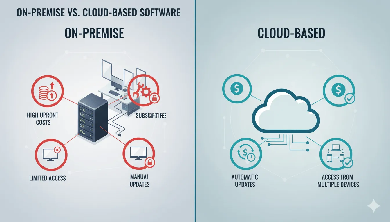 Side-by-side comparison between on-premise servers and cloud-based access on laptop, tablet, and phone