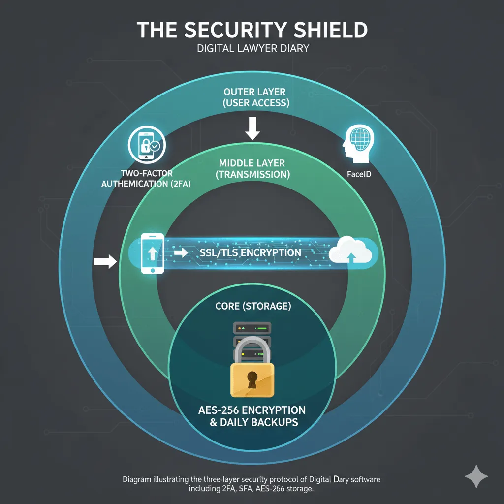 Layers showing user authentication, encrypted tunnels, and secure cloud storage for Digital Lawyer Diary.