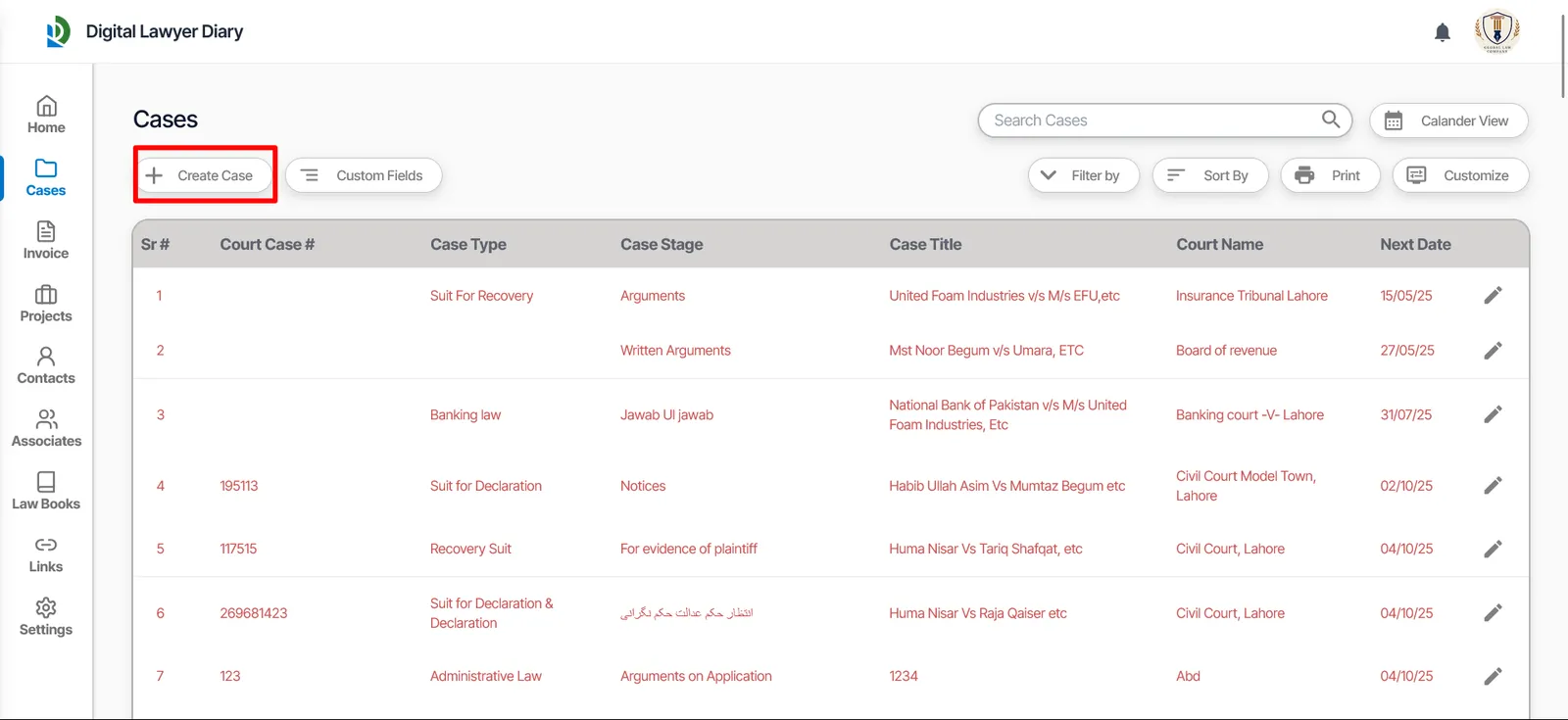 Case list on desktop showing the + Create Case button