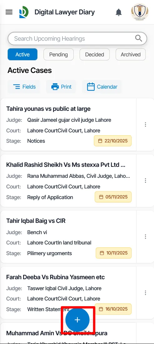 Cases list on mobile highlighting the + Create Case action