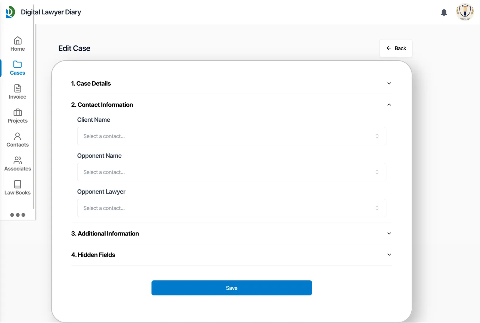 Contact information section on desktop linking client and opponent details
