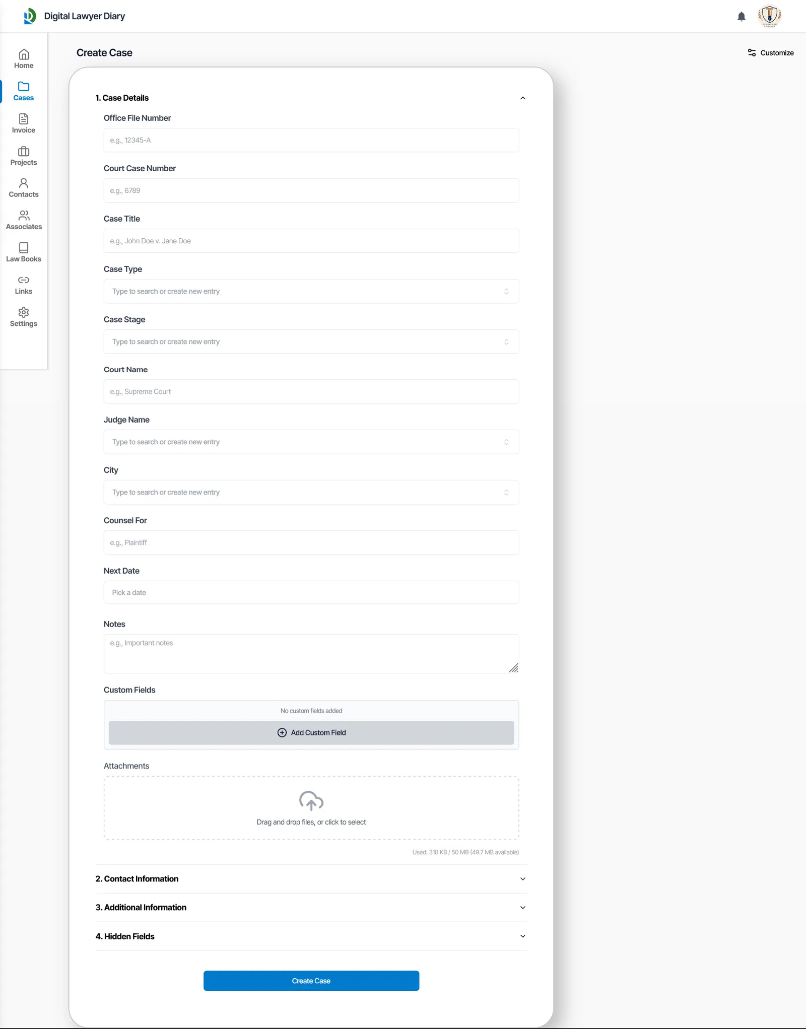 Create Case form on desktop showing collapsible sections