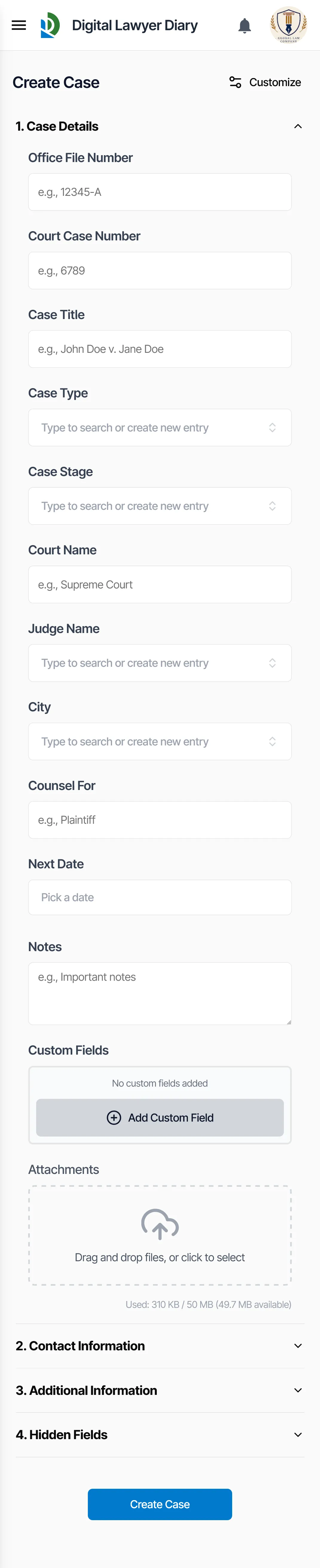 Create Case form on mobile with collapsible sections